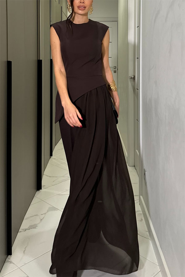 Cecily Short Sleeve Drape Tulle Hem Top and High Waist Pocket Wide Leg Pants Set-consonak