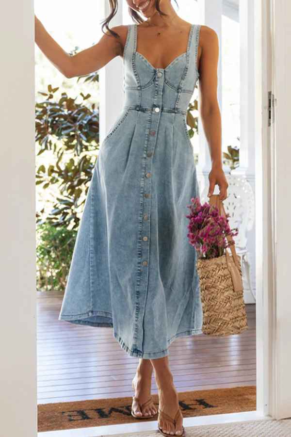 Stylish Single-breasted Fitted Waist Gathered Back Denim Maxi Dress