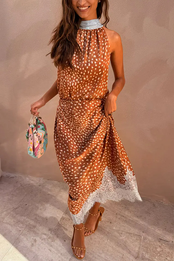 Stunning Fawn Print Contrast Color Satin Lace Trim Neck Strap Loose Tank-consonak