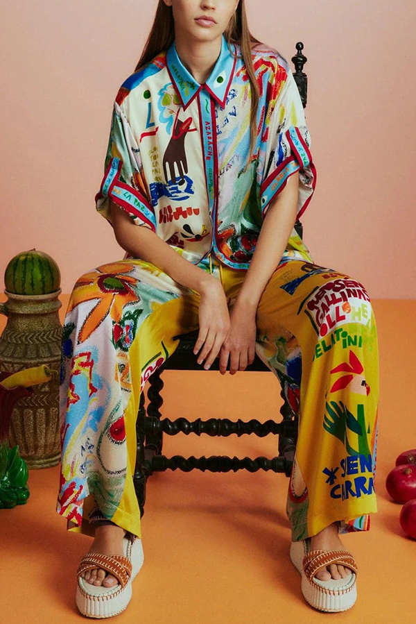 Raina Satin Unique Print Short-sleeved Loose Shirt and Elastic Waist Pocket Pants Set-consonak