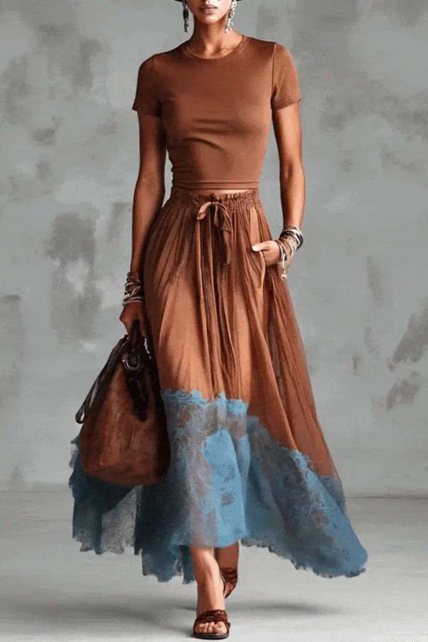 Stylish Round Neck Short-sleeved Fitted Top and Elastic Waist Pockets Lace Hem Maxi Skirt Set-Consonak