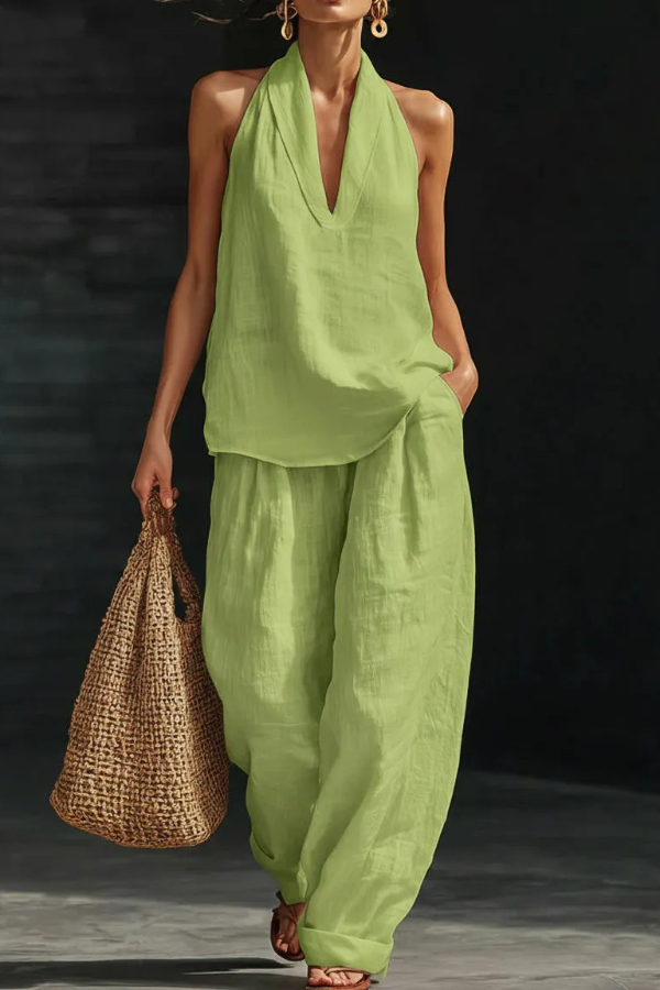 Linen Blend Solid Color V-neck Sleeveless Loose Top and Elastic Waist Casual Pocket Pants Set-Consonak