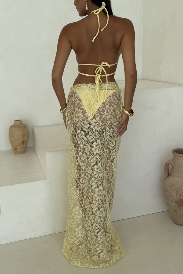 Solid Color Halter Neck Tie Stretch Two-piece Bikini Swimsuit and Sheer Lace Holiday Maxi Skirt Set