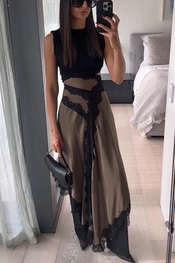Verve Ribbed Jersey Cutout Waist Asymmetric Satin Lace Hem Maxi Dress | Consonak