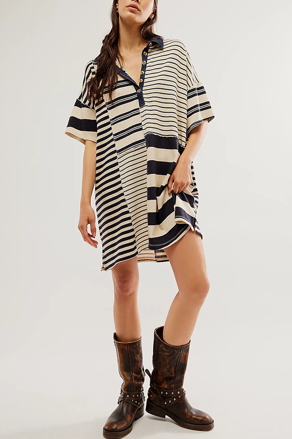 Contrast Striped Patchwork Denim Lapel Loose Casual Mini Dress-consonak