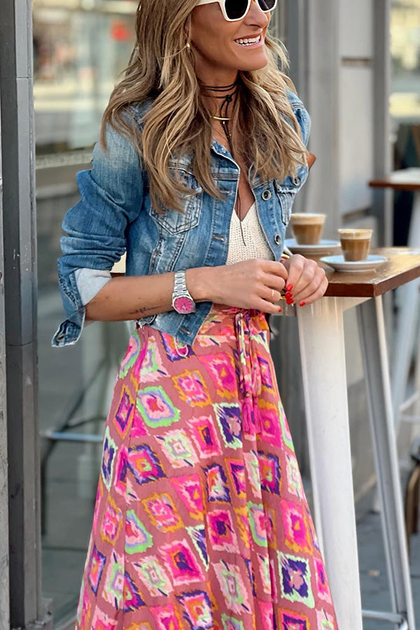 Courtyard Dreaming Bohemian Print Elastic Waist Tassel Maxi Skirt-consonak