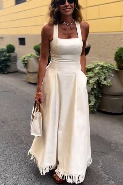 Viki Linen Blend Square Neck Wide Strap Side Button Pocket Tassel Trim Midi Dress-consonak