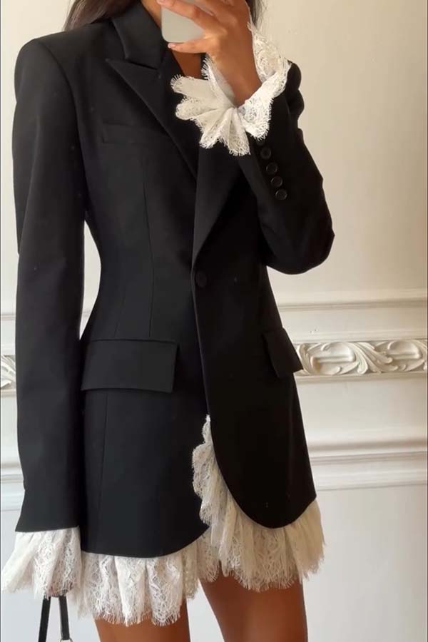 Cue The Chic Lace Trim Button Long Sleeve Lapel Blazer Mini Dress-consonak
