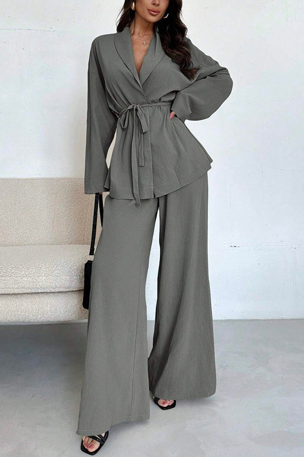 Solid Color Collared Long-sleeved Tie-waist Loose Top and Elastic Waist Casual Wide-leg Pants Set-consonak