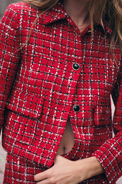 Tweed Plaid Textured Long-sleeved Casual Pocket Jacket-consonak