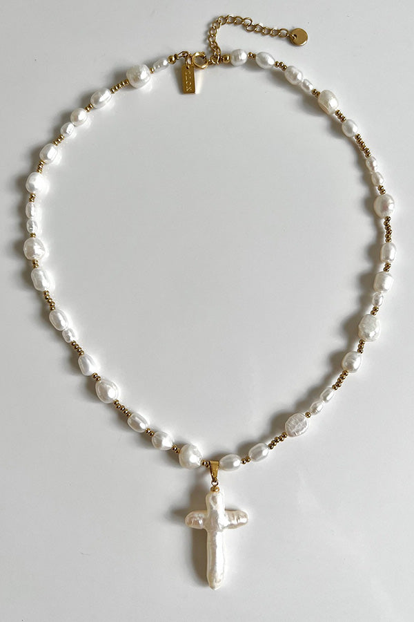 Stylish Pearl Cross Necklace-consonak