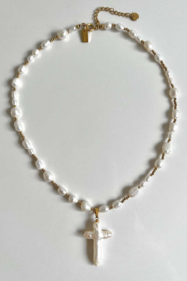Stylish Pearl Cross Necklace-consonak