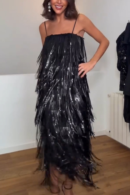 Chic Celebration Layered Sequined Tassels Slip Strapless H-line Midi Dress-consonak