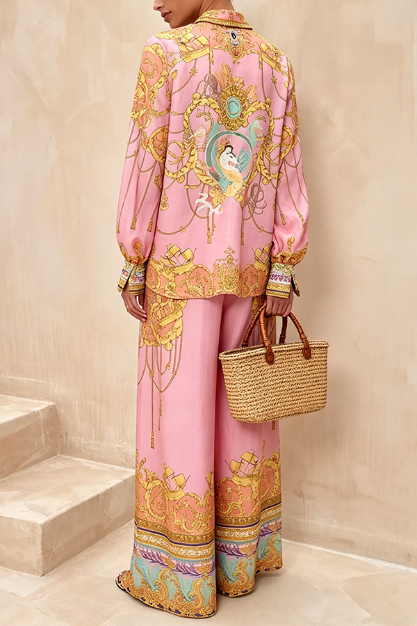 Mermaid Motel Unique Print Long Sleeve Loose Shirt and Elastic Waist Pants Set-Consonak