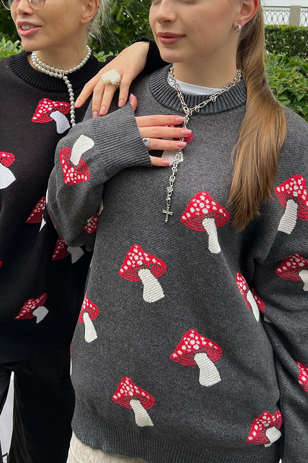 Mushroom Pattern Casual Loose Round Neck Knitted Sweater-consonak