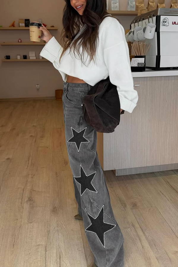 Jessy Denim Mid Rise Side Star Pattern Pocket Wide Leg Jeans-consonak