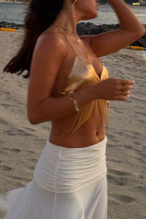 Stylish Gold Metal Chain Tassel Halter Tank Tops
