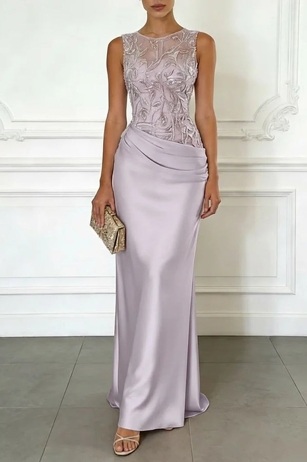 Vera Mesh Embroidery Satin Ruched Crew Neck Sleeveless Gown Maxi Dress-consonak