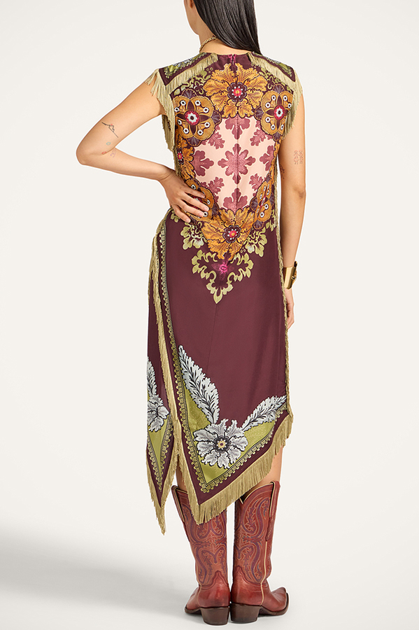 Bohemian Style Floral Print Tassel Trim Irregular Hem Slit Scarf Midi Dress | Consonak
