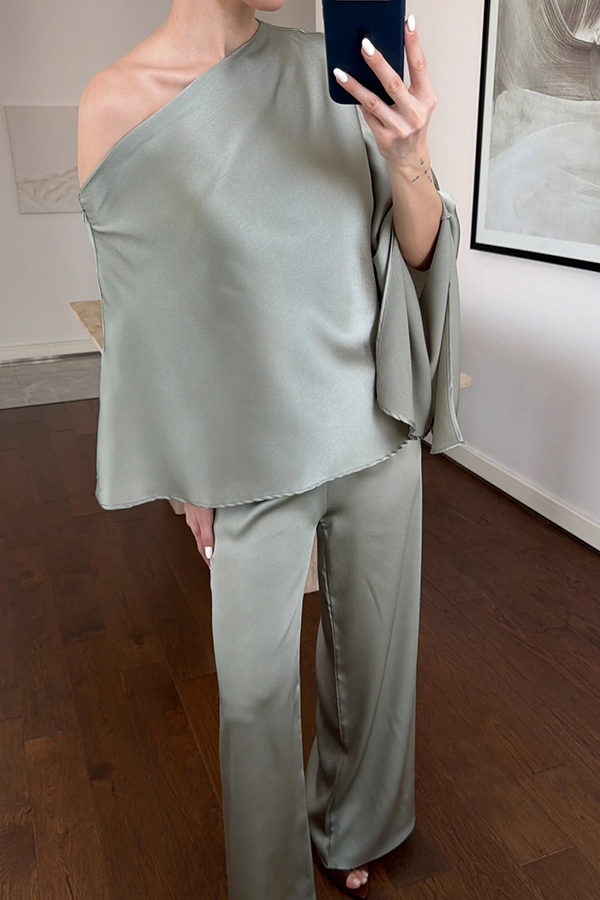 Arnell Satin One-Shoulder Cape Top and Elastic Waist Wide Leg Pants Set