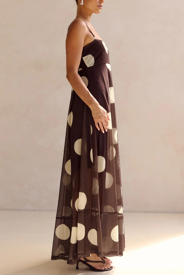 Polka Dot Print Mesh Spaghetti Strap Square Neck Vacation Maxi Dress