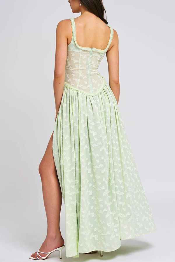 Garden Elf Lace Jacquard Textured Square Neck High Slit Maxi Dress-consonak