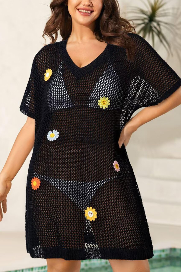 Floral-decorated V-neck Short-sleeved Crochet Cover-up Vacation Mini Dress-consonak