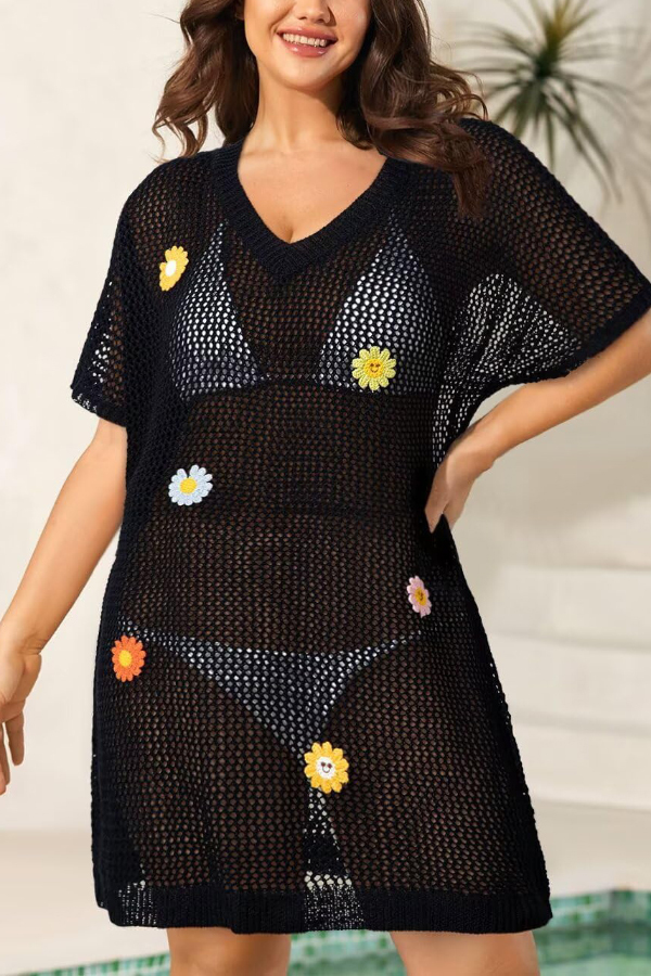 Floral-decorated V-neck Short-sleeved Crochet Cover-up Vacation Mini Dress-consonak