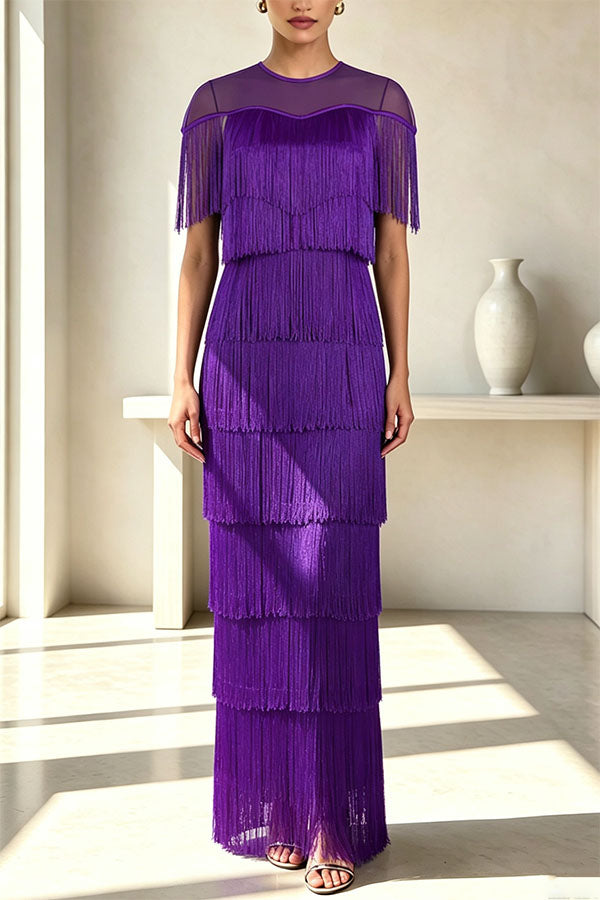 Elowyn Mesh Tiered Tassel Patchwork Round Neck Cape Sleeve Midi Dress-Consonak