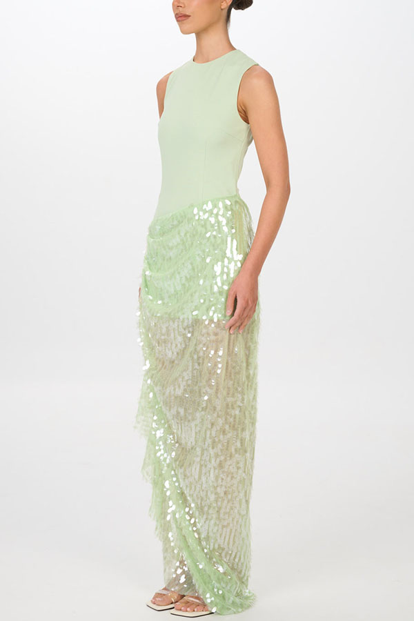 Unspoken Glamour Crepe and Fish Scale Sequins Ruffle Ruched Drape Maxi Dress-consonak