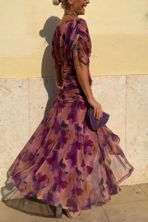 Unique Printed V-Neck Waisted Mesh Holiday Maxi Dress-consonak