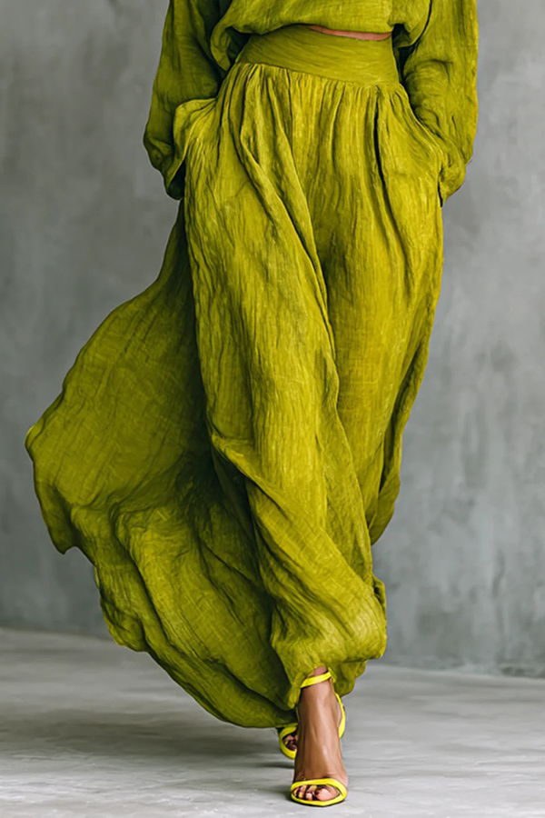 Linen Blend Solid Color Loose Long-sleeved Top and High-waisted Casual Pocket Maxi Skirt Set-consonak