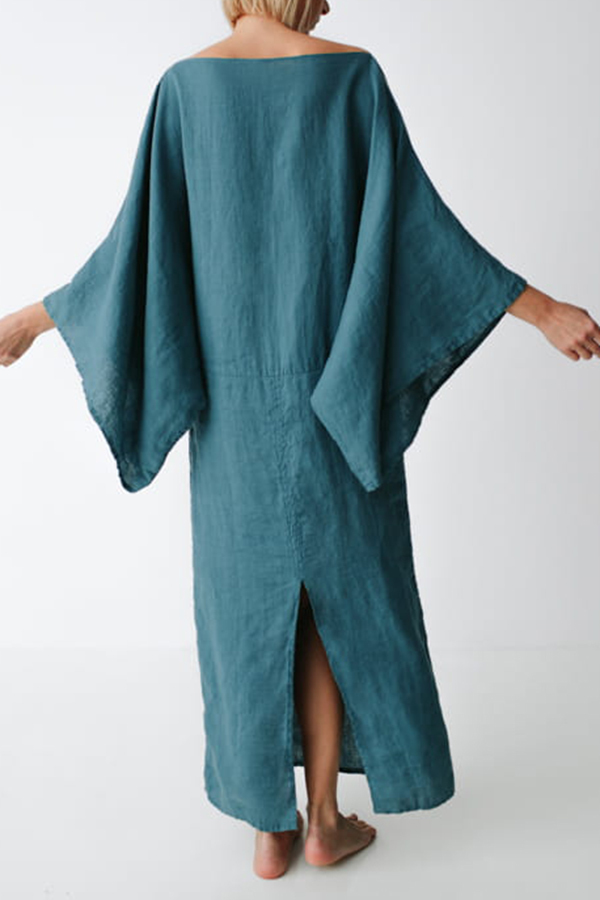 Stacie Linen Blend Wide Neck Batwing Sleeves Tie-up Waist H-line Maxi Dress