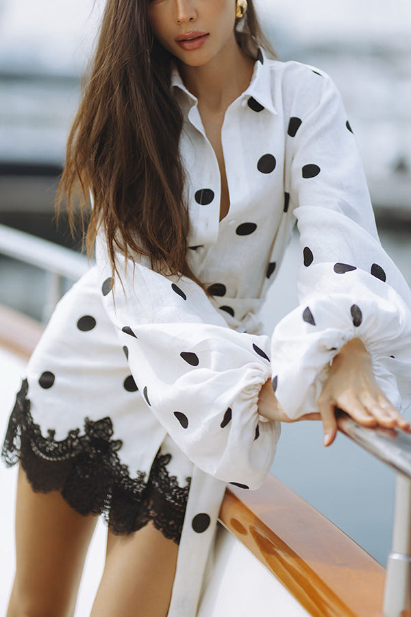 Lulabell Linen Blend Polka Dot Lantern Sleeve Shirt and Warp Tie-up Lace Trim Skirt Set-consonak