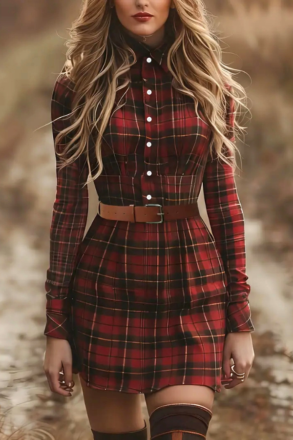 Plaid Print Lapel Long Sleeve Button-down Belt Mini Dress | Consonak