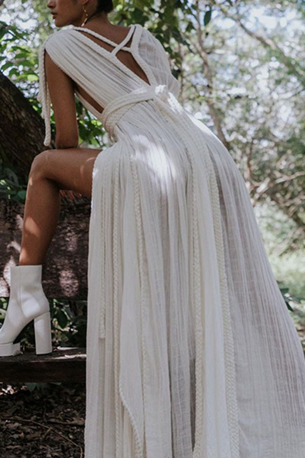 Resort Style Draped Braids Shoulder Backless Cover-up Loose Maxi Dress-consonak