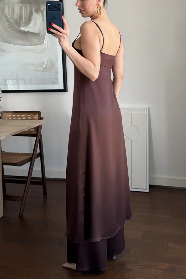 Giselle Satin Front Button Cutout Slit Midi Top and Elastic Waist Loose Pants Set