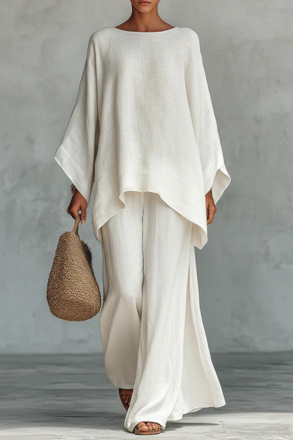 Linen Blend Crew Neck Long-sleeved Loose Top and Elastic Waist Casual Wide-leg Pants Set