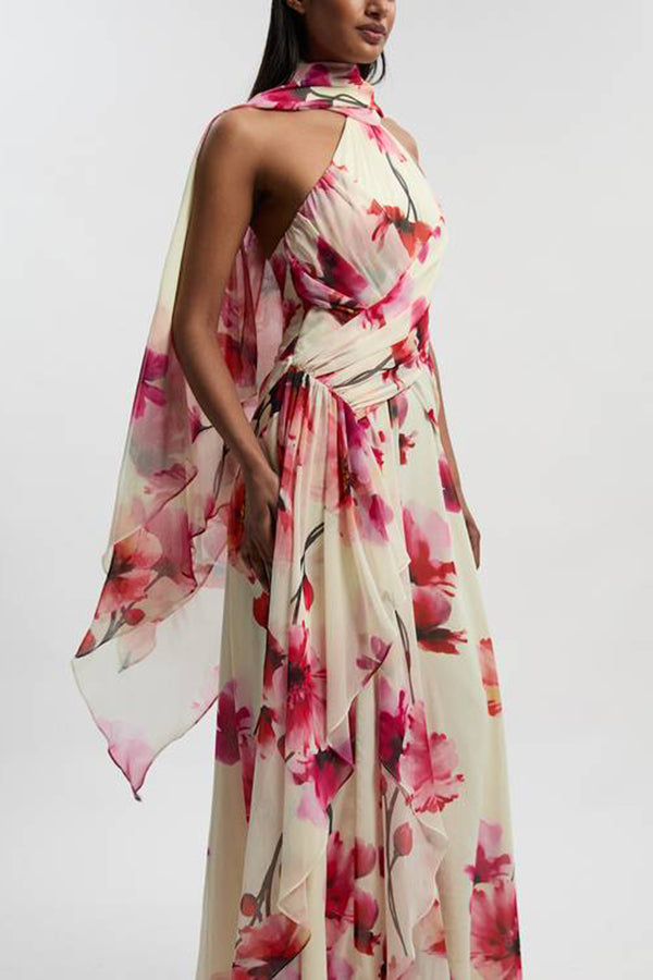 Blooming Petals Chiffon Floral Print Crinkle Cross Front Drape Ruffles Scarf Maxi Dress