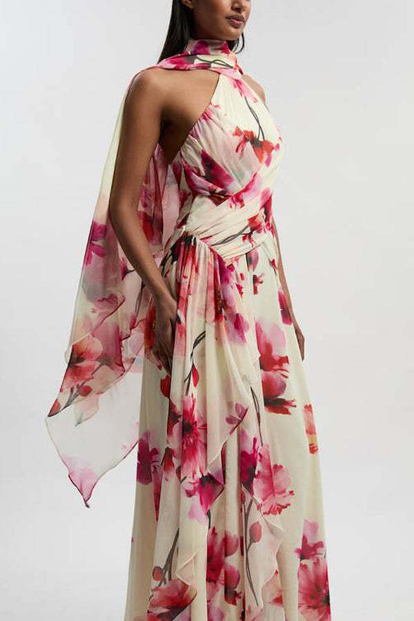 Blooming Petals Chiffon Floral Print Crinkle Cross Front Drape Ruffles Scarf Maxi Dress