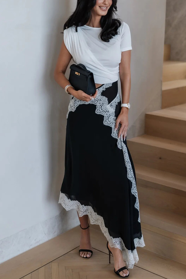 Verve Twisted Drape Across Tee Chiffon Lace Trim Hem Maxi Dress