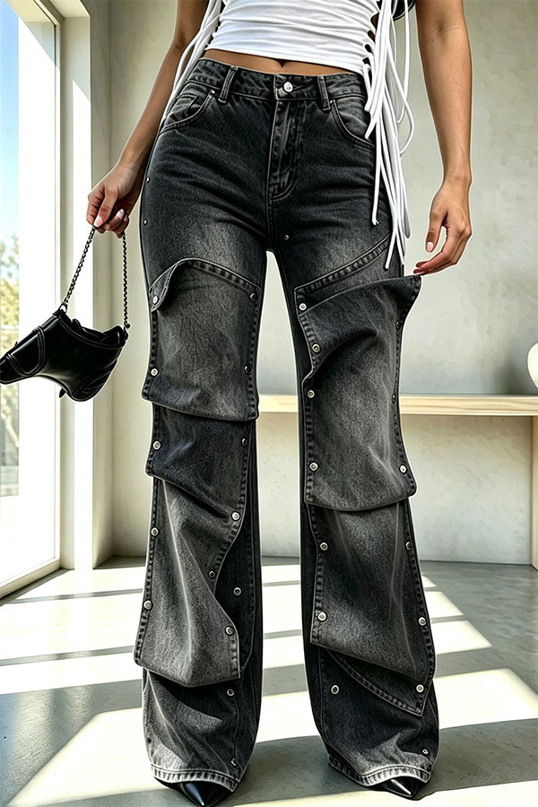Chic Style Denim Decorative Button-stud Detail High Rise Pocket Loose Jeans-Consonak