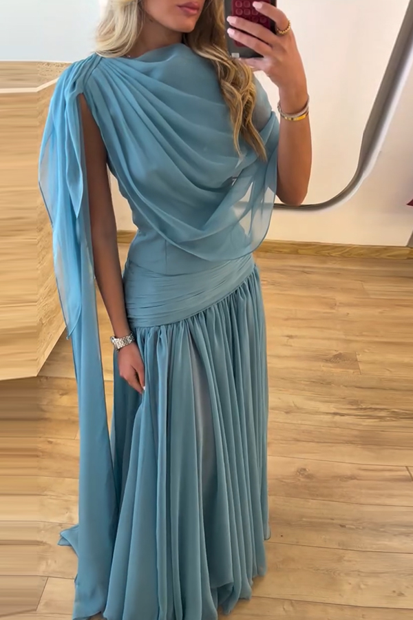 Solana Draped Sheer Cape Top and High Waist Pleated Slit Maxi Skirt Set-consonak