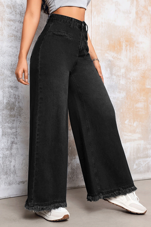 Stylish Loose-fitting Frayed Hem Casual Pocket Wide-leg Jeans