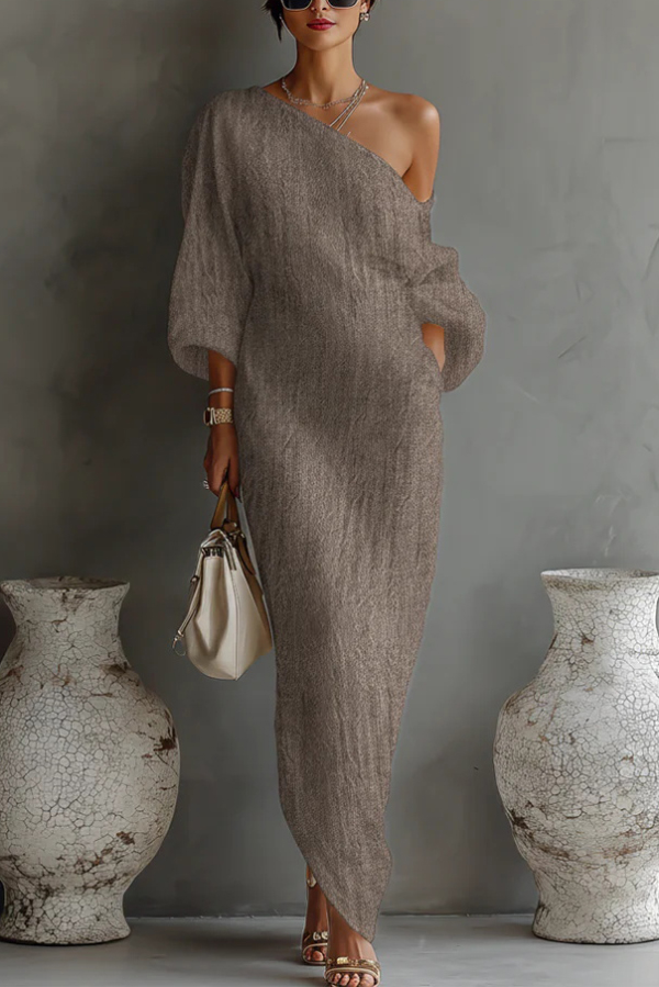Linen Blend Loose-fitting Slanted Neck Lantern Sleeve Casual Maxi Dres
