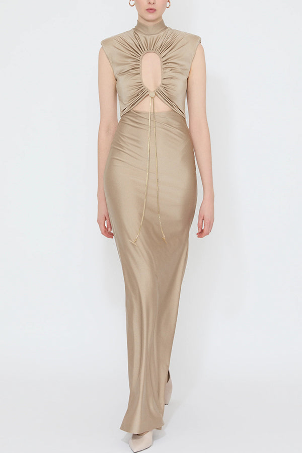 Genis Hollow Elastic Bust High Neck Sleeveless Gathered Maxi Dress-consonak