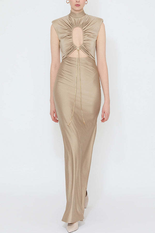 Genis Hollow Elastic Bust High Neck Sleeveless Gathered Maxi Dress-consonak