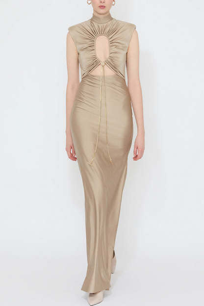 Genis Hollow Elastic Bust High Neck Sleeveless Gathered Maxi Dress-consonak