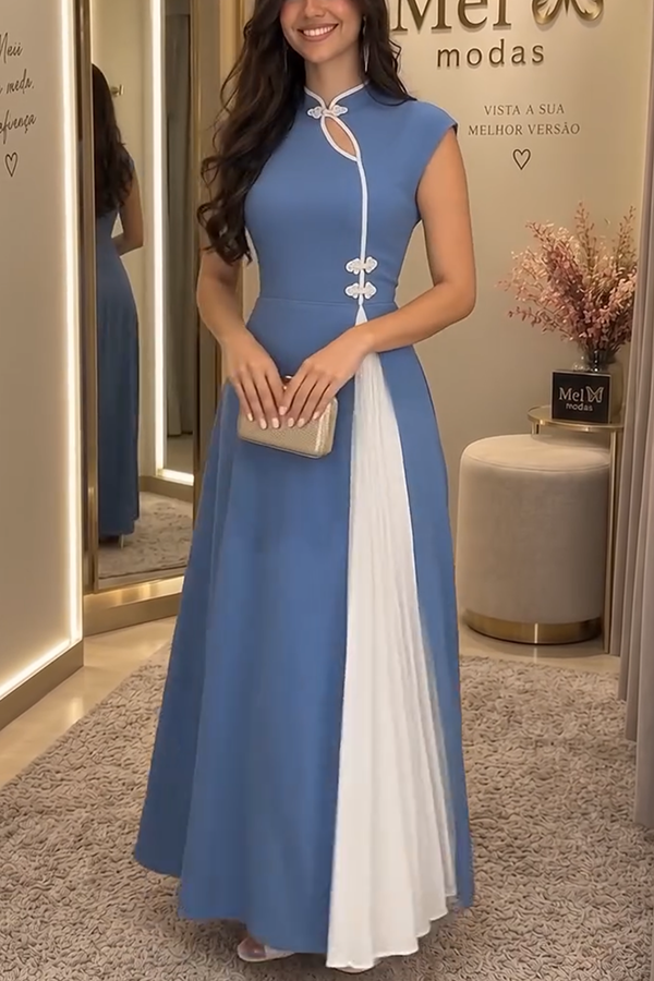 Chic Unique Contrast Color Stand Neck Chinese-style Button Pleated Hem Maxi Dress-Consonak
