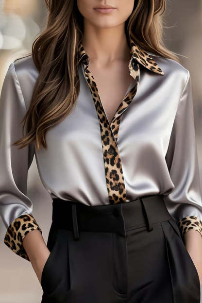 Satin Leopard Print Patchwork Casual Long-sleeved Shirt-consonak